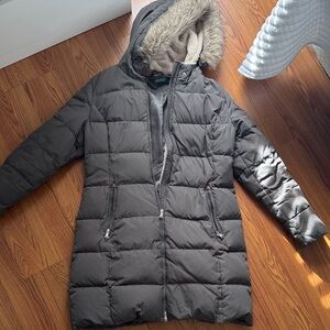 Women's dark green Puffer Coat with Faux Fur Hood